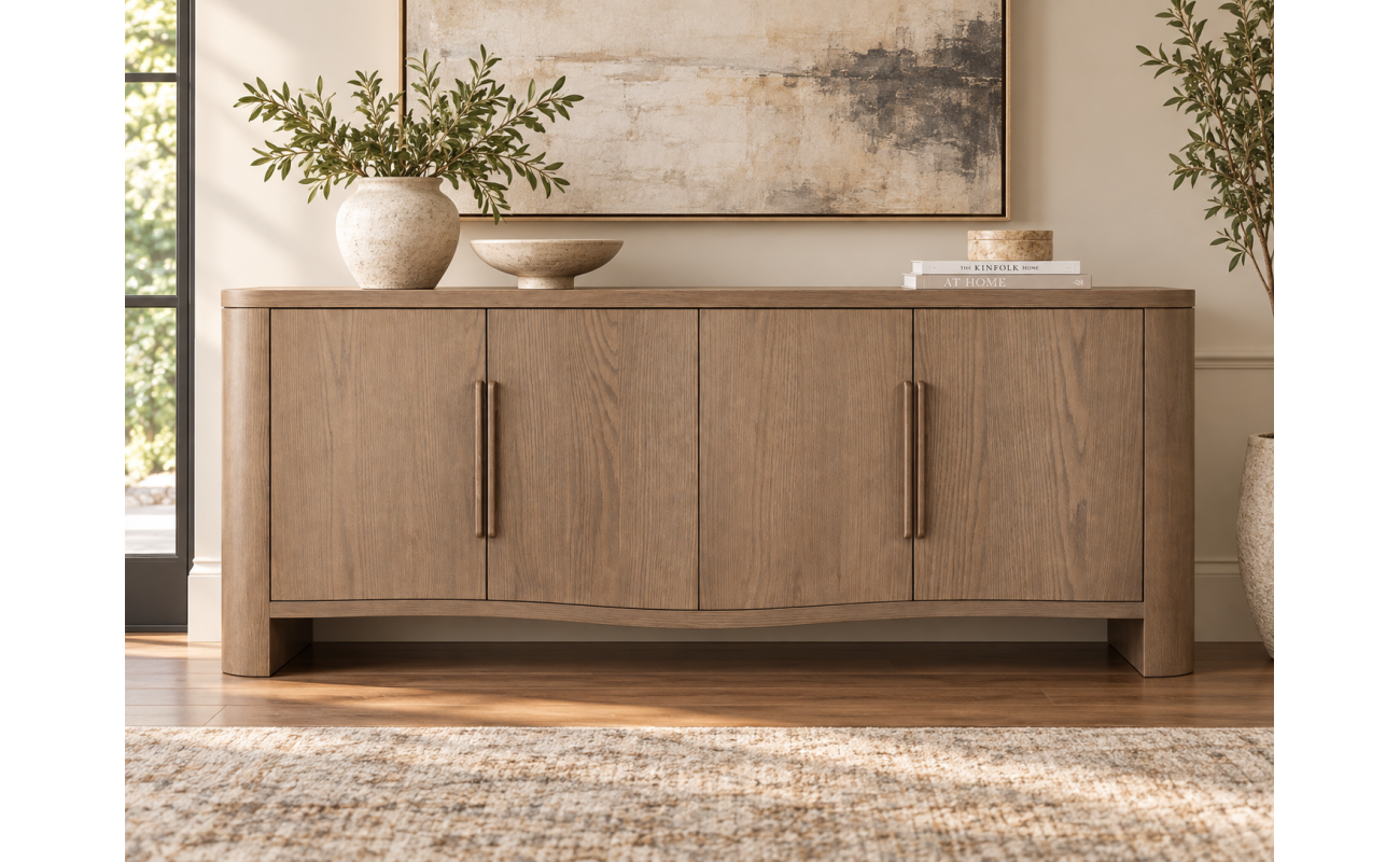 Elara walnut-stained wood sideboard table with four doors
