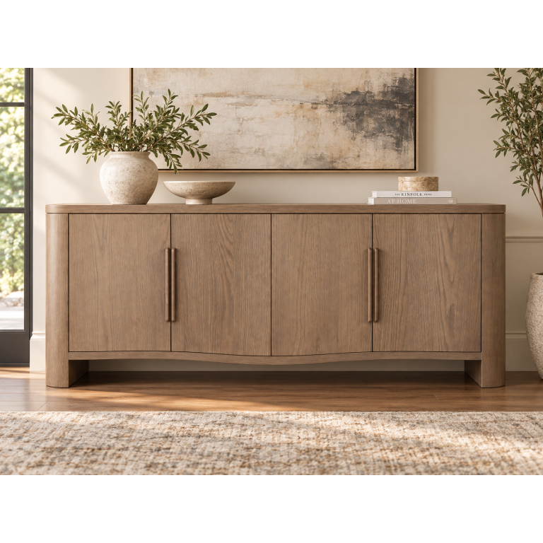 Elara walnut-stained wood sideboard table with four doors