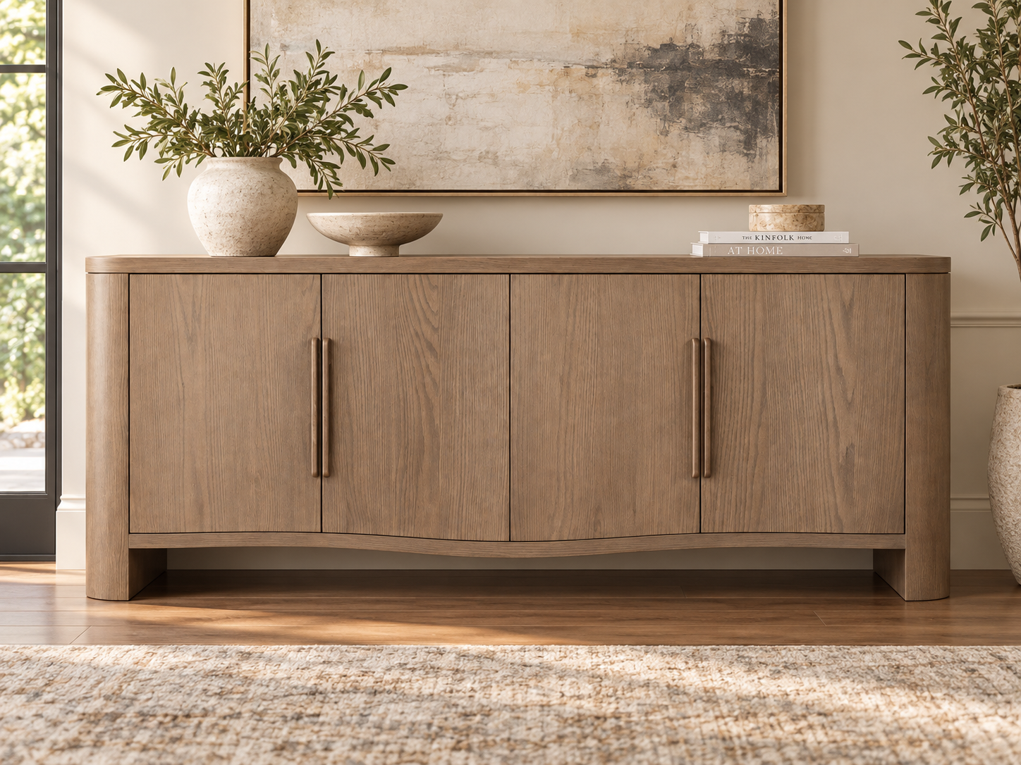 Elara Stained Walnut Oak Sideboard Table Elara walnut-stained wood sideboard table with four doors