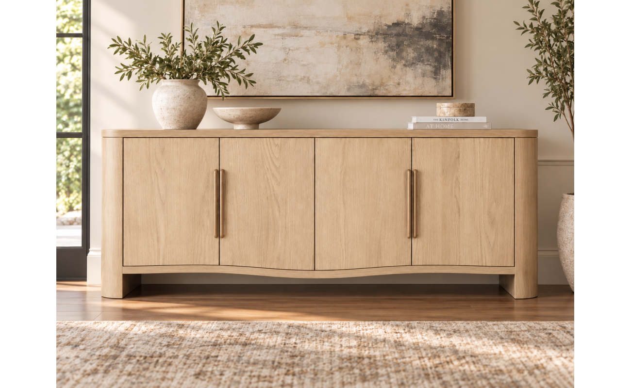 Natural oak-colored wood sideboard with four doors