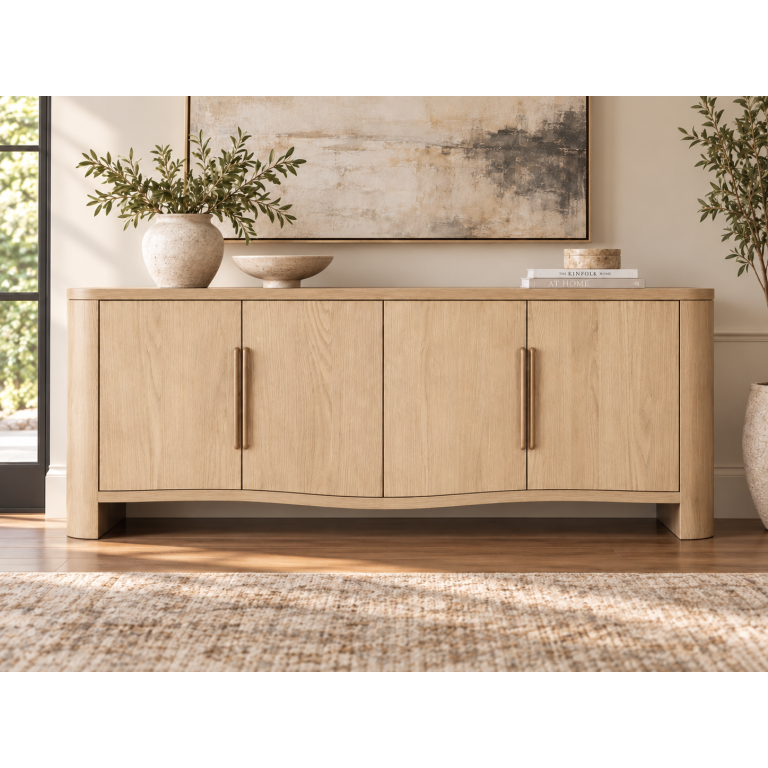 Natural oak-colored wood sideboard with four doors