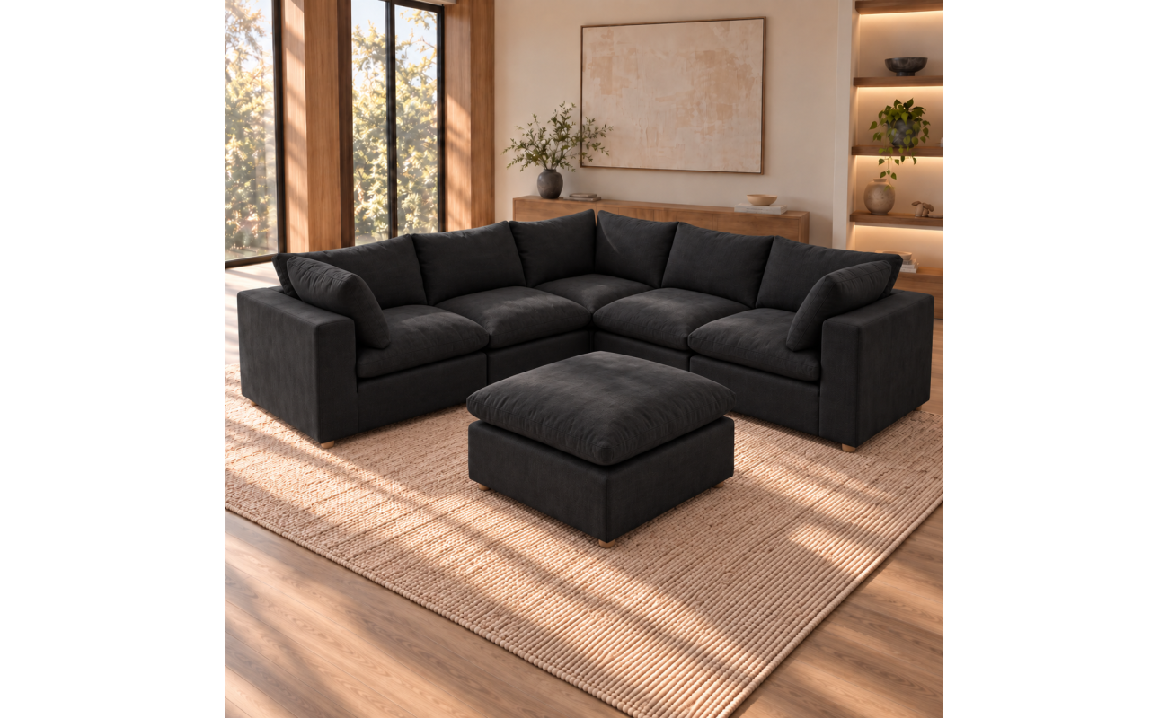 Norwick Black Down-Filled Cloud Sectional and Ottoman