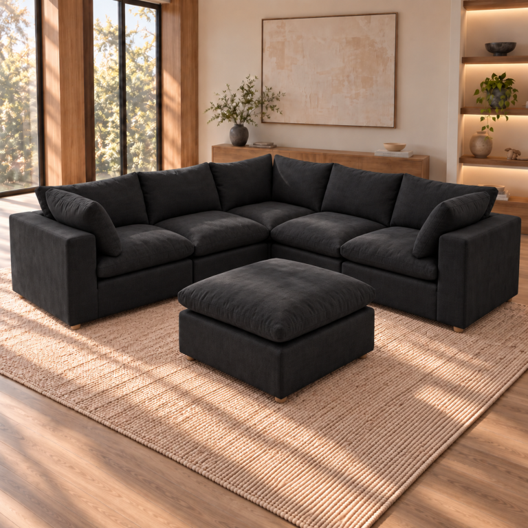 Norwick Black Down-Filled Cloud Sectional and Ottoman