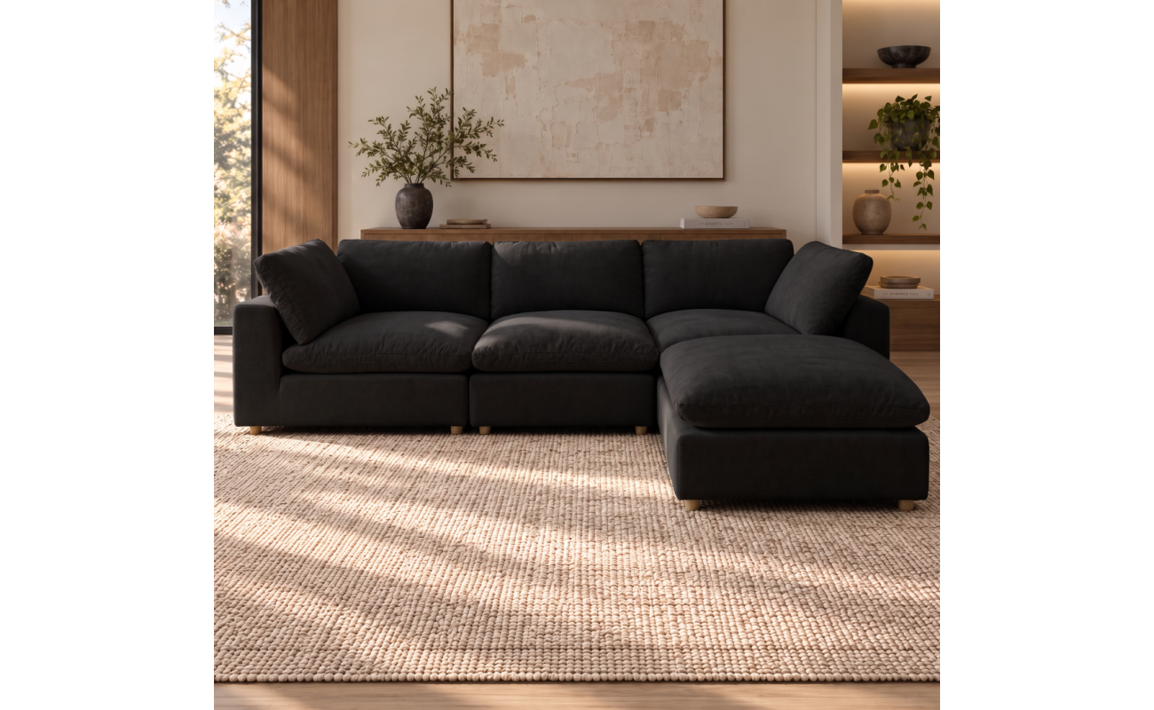 Norwick Black Down-Filled Cloud Couch with ottoman