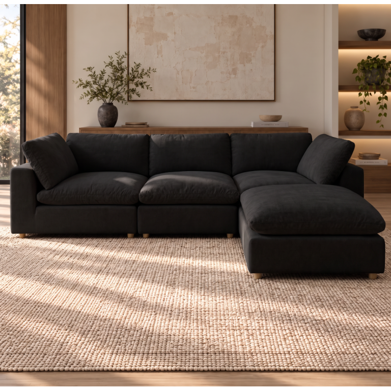 Norwick Black Down-Filled Cloud Couch with ottoman